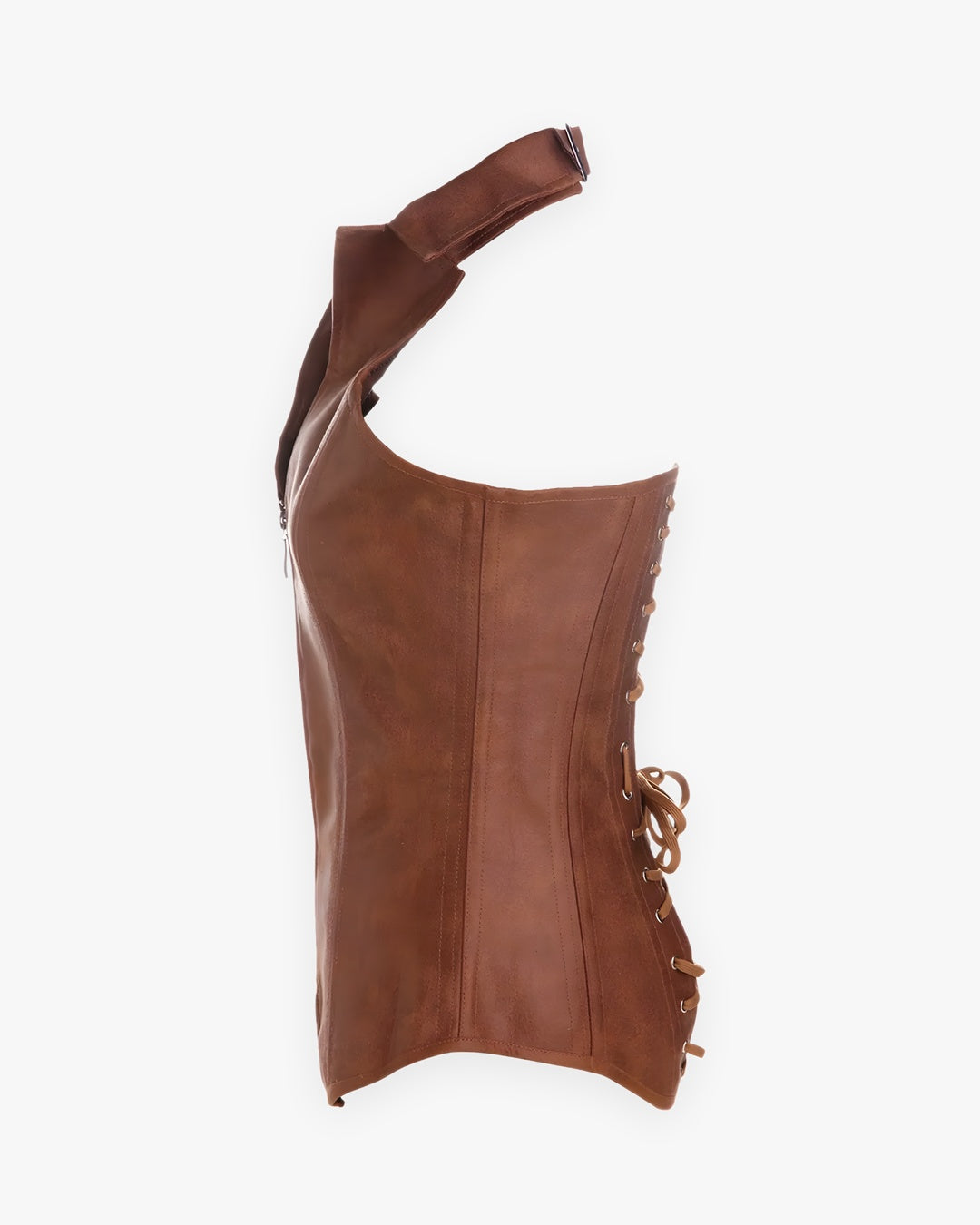 Zoom sur le détail du corset cuir marron