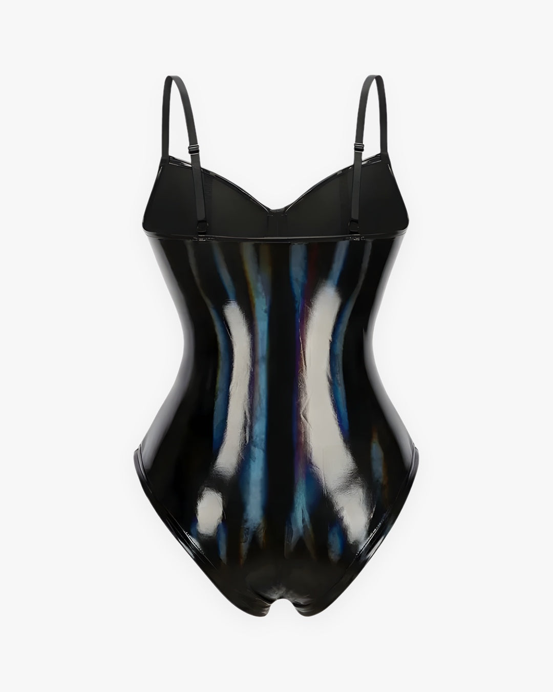 Zoom sur le détail du body corset cuir brillant, vue 2