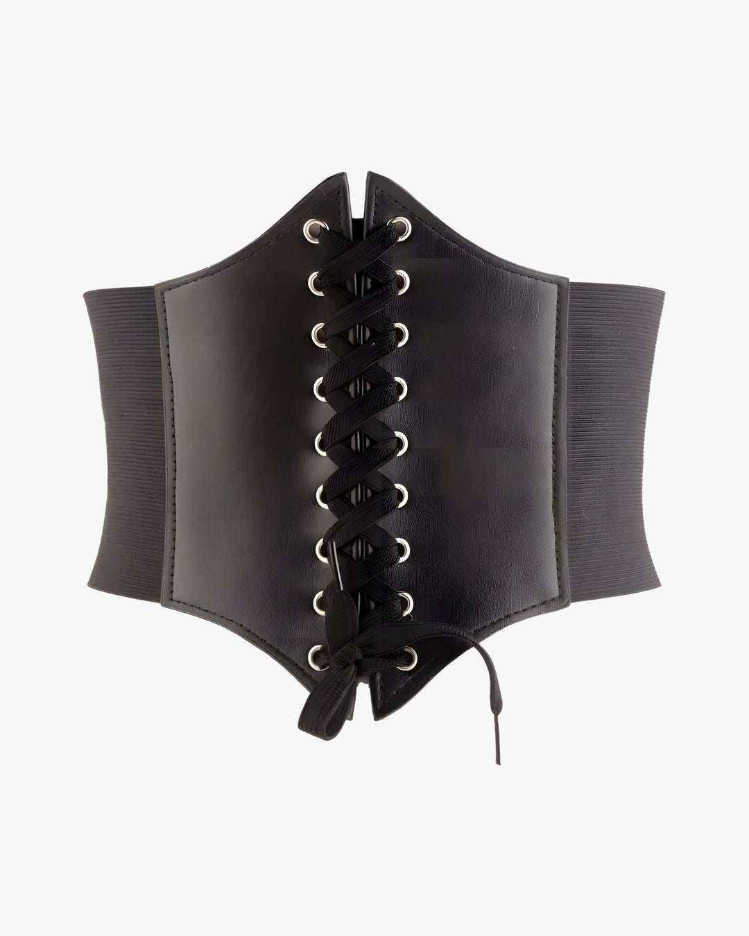 Ceinture corset cuir noir sur fond studio gris clair
