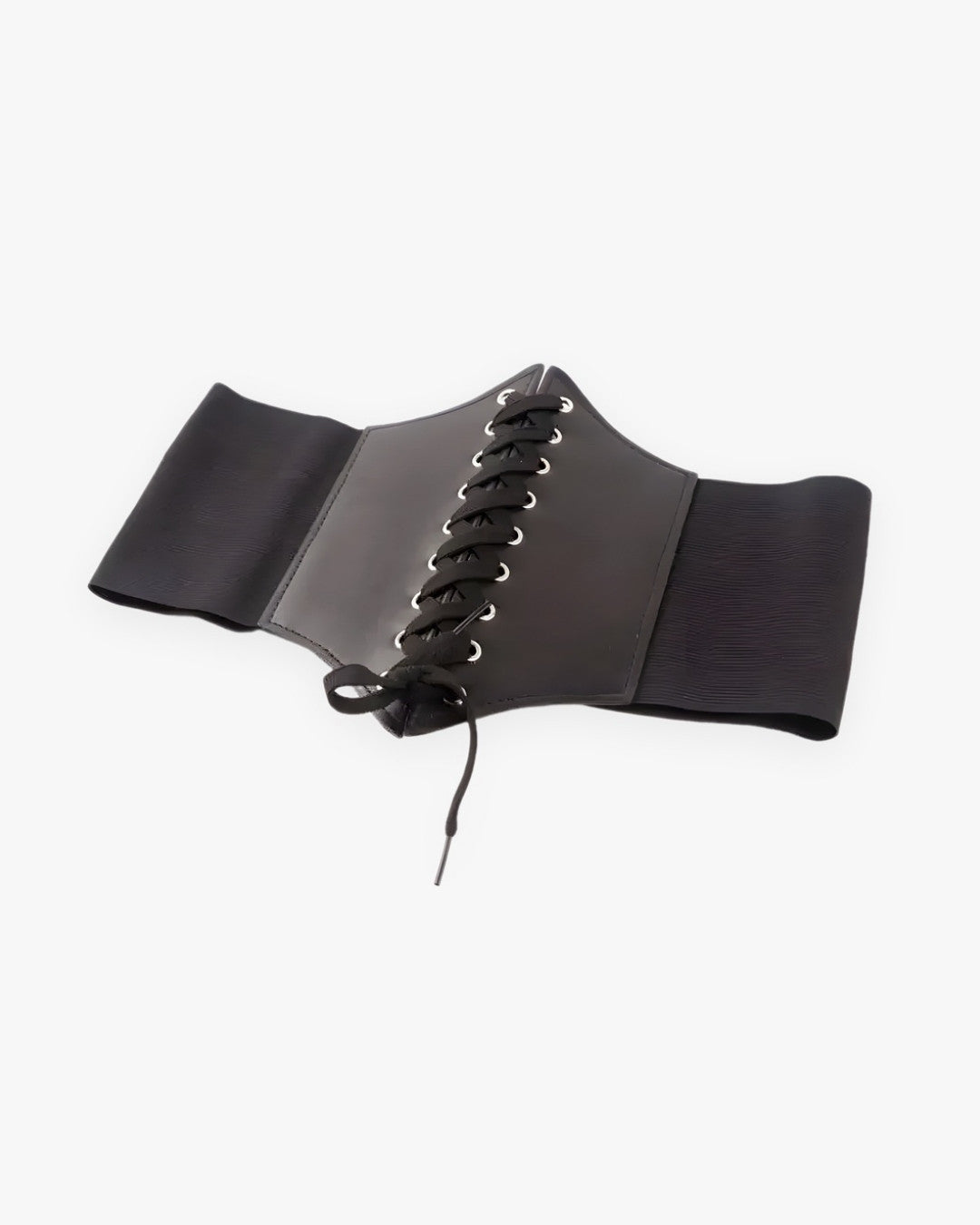 Zoom sur le détail du ceinture corset cuir noir