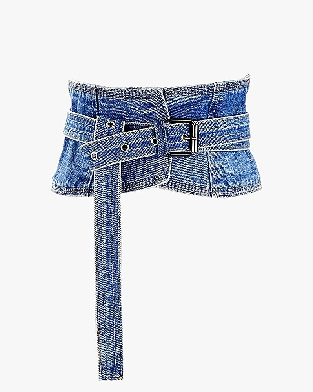 Ceinture corset en jean sur fond studio gris clair