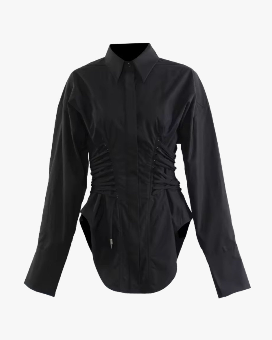 Chemise noire corset sur fond studio gris clair