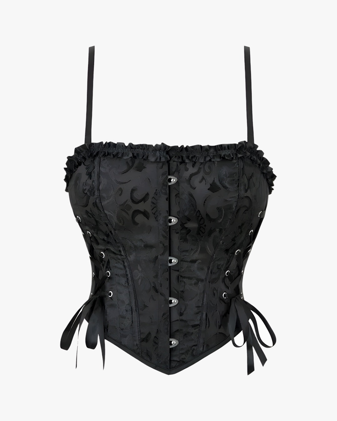 Corset bretelle noir sur fond studio gris clair