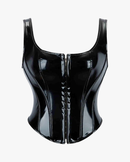 Corset bustier cuir sur fond studio gris clair