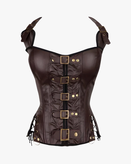 Corset bustier gothique sur fond studio gris clair