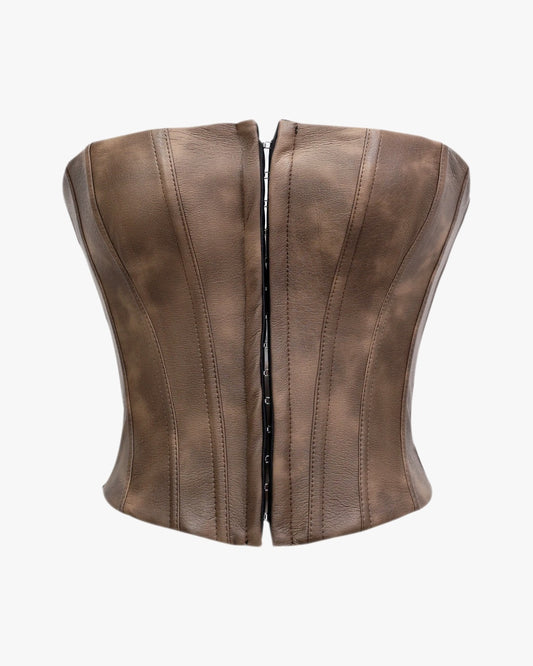 Corset bustier vint sur fond studio gris clair