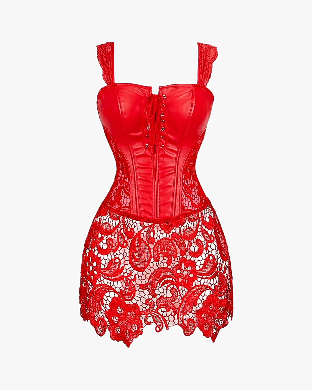 Corset cuir dentelle sur fond studio gris clair, vue 2