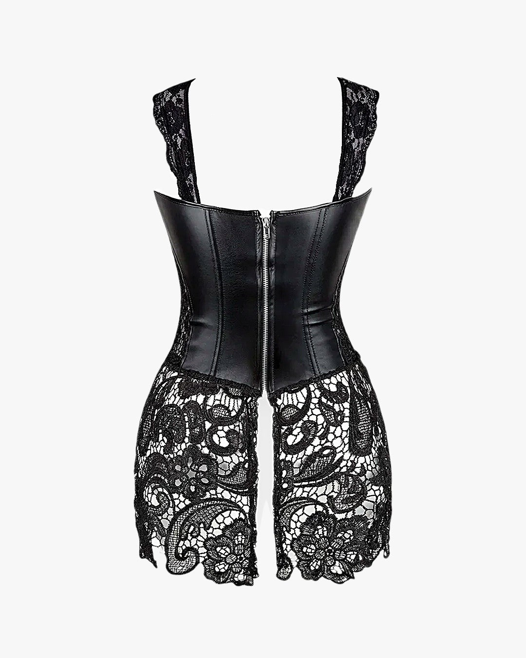 Zoom sur le détail du corset cuir dentelle
