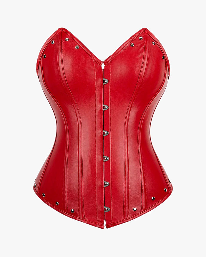 Corset cuir grande taille sur fond studio gris clair