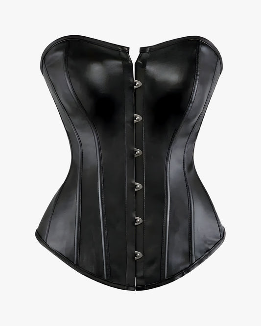 Corset cuir noir sur fond studio gris clair