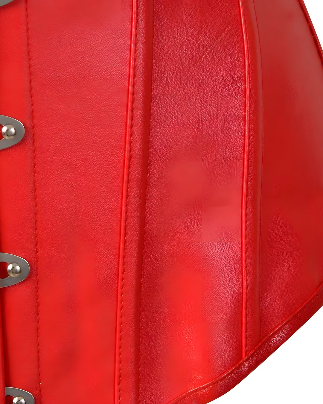 Zoom sur le détail du corset cuir rouge, vue 2