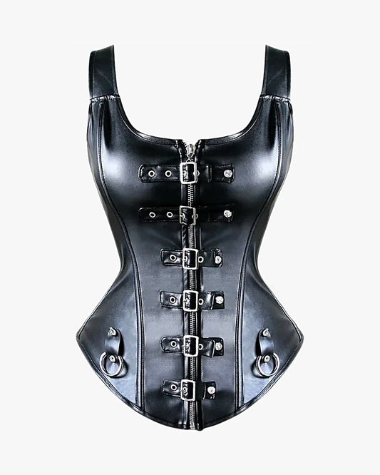 Corset cuir steampunk sur fond studio gris clair