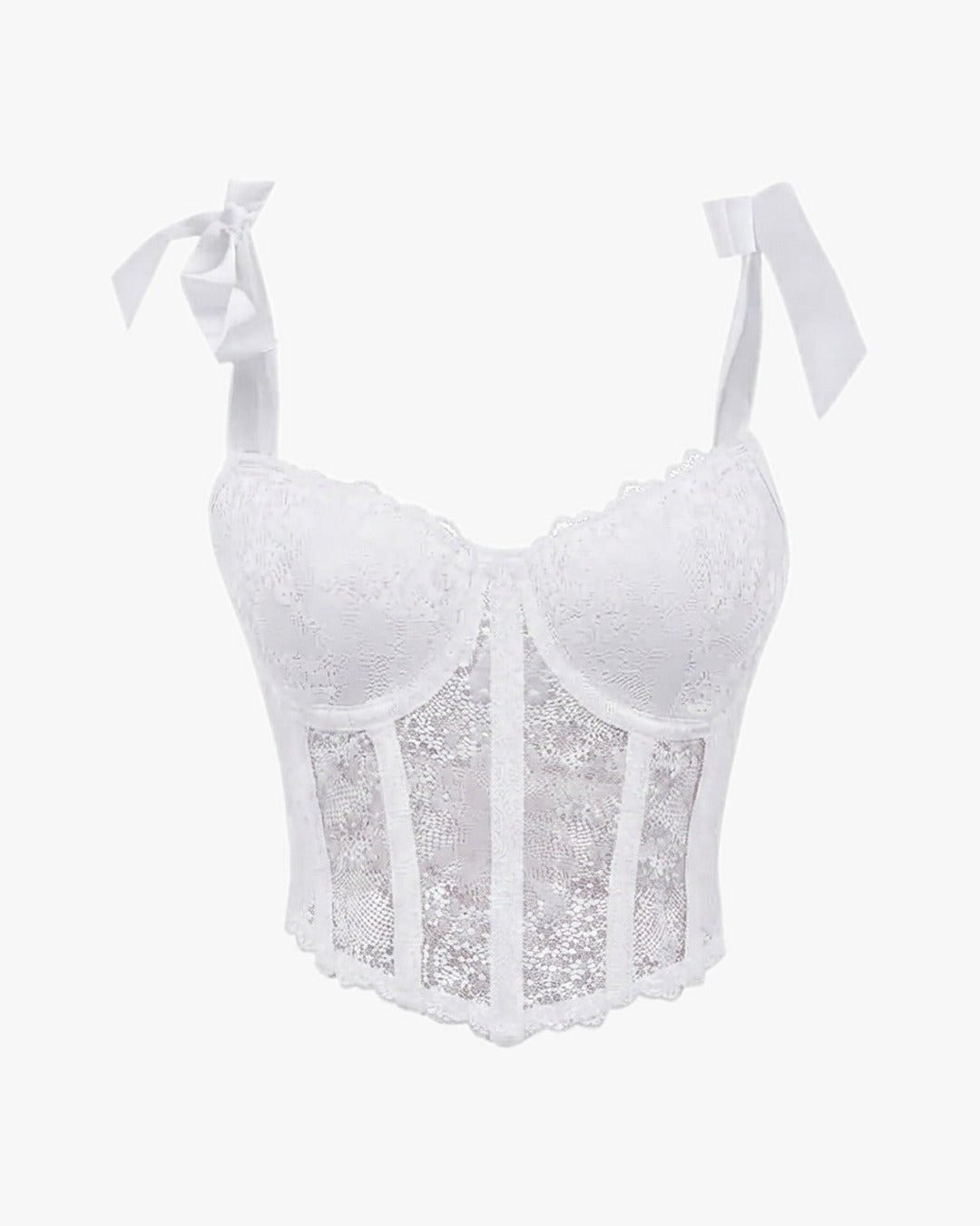 Corset dentelle blanc sur fond studio gris clair