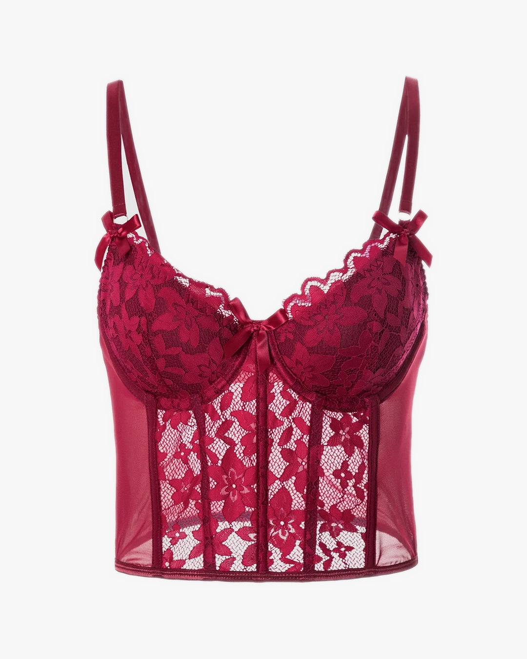 Corset dentelle rouge sur fond studio gris clair