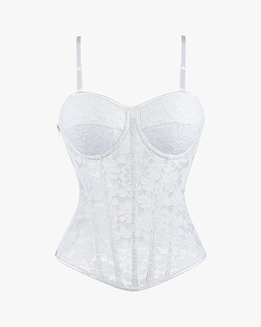 Corset en dentelle sur fond studio gris clair, vue 3