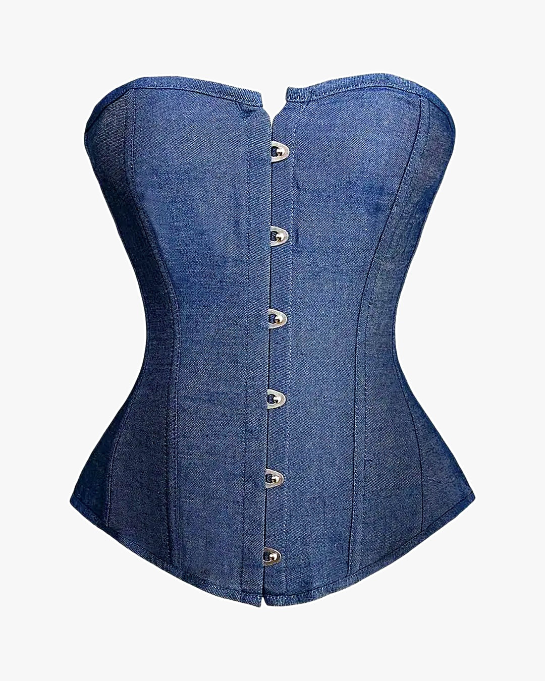 Corset en jean sur fond studio gris clair