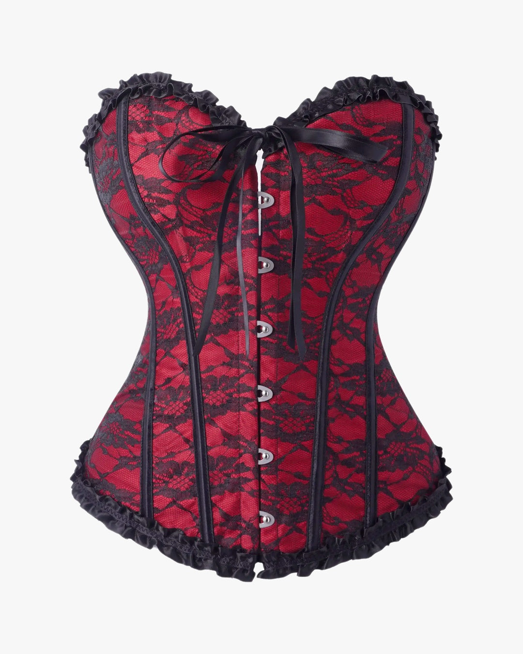 Corset noir et rouge sur fond studio gris clair