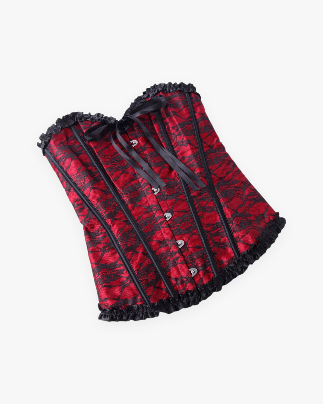 Zoom sur le détail du corset noir et rouge, vue 2