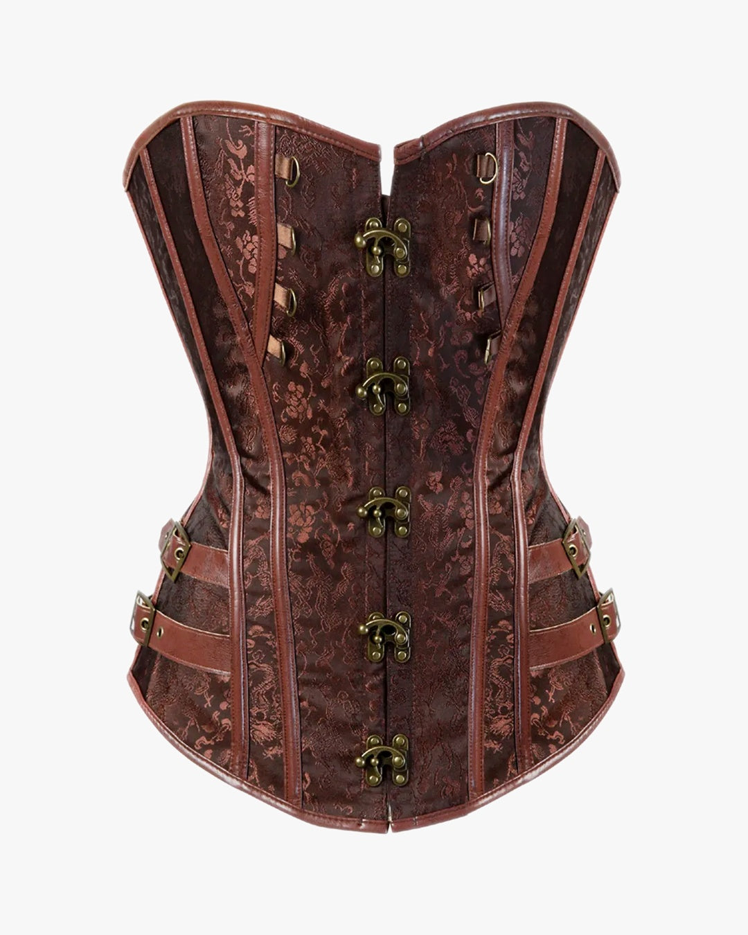 Corset pirate marron sur fond studio gris clair