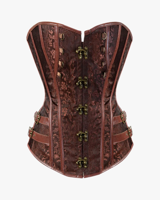 Corset pirate marron sur fond studio gris clair