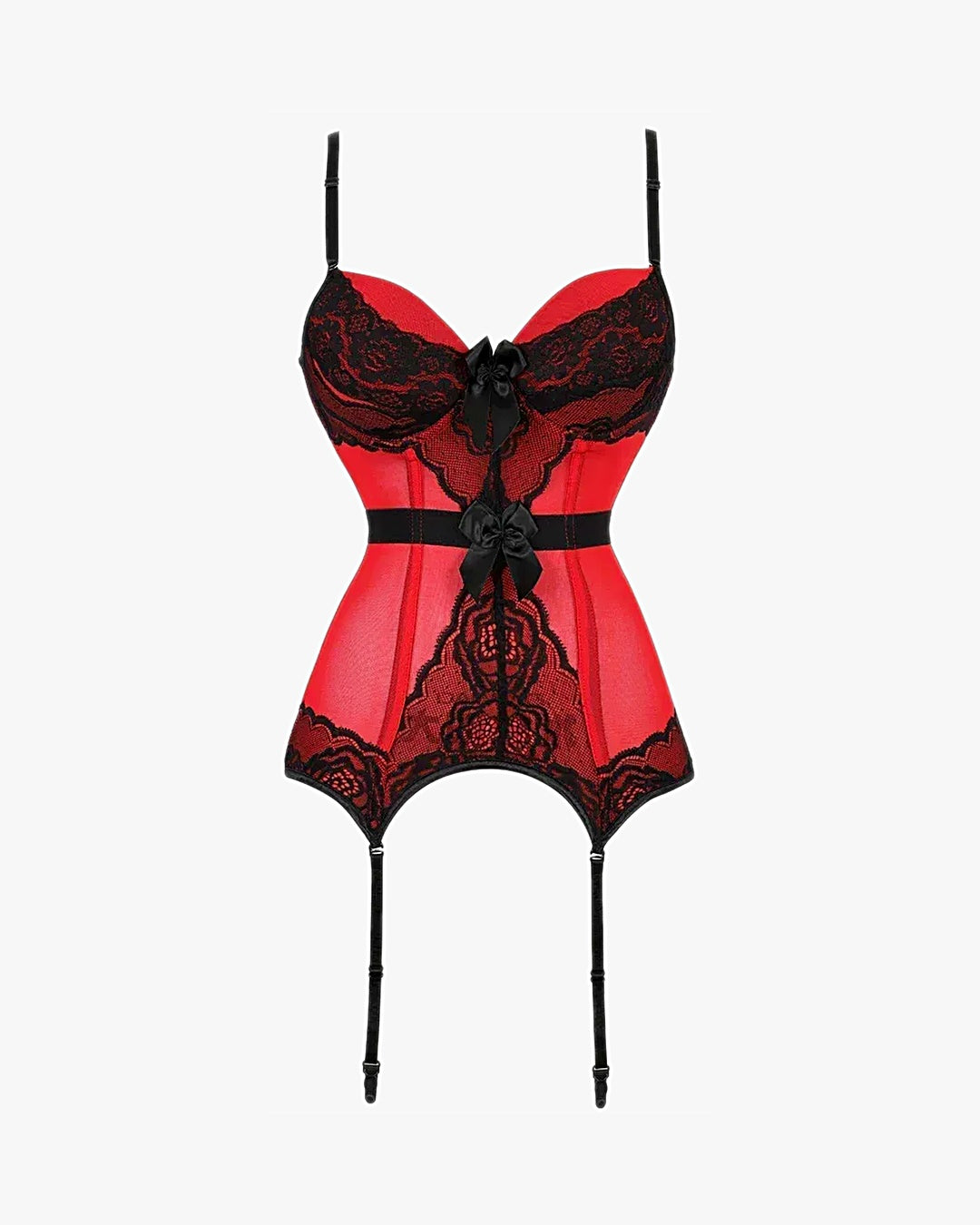 Corset porte jarretelle rouge sur fond studio gris clair