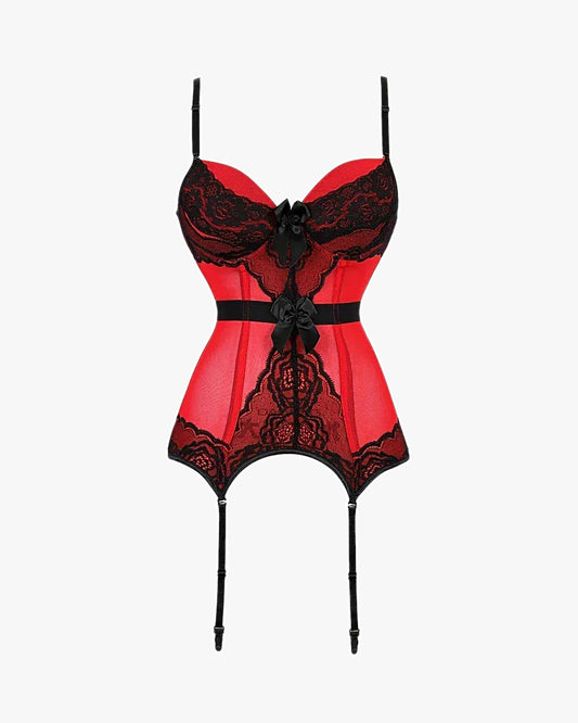 Corset porte jarretelle rouge sur fond studio gris clair