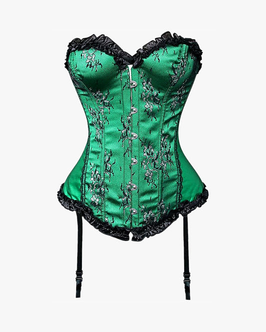 Corset porte jarretelle vint sur fond studio gris clair, vue 2