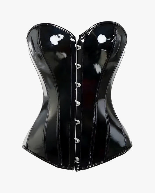 Corset simili cuir noir sur fond studio gris clair