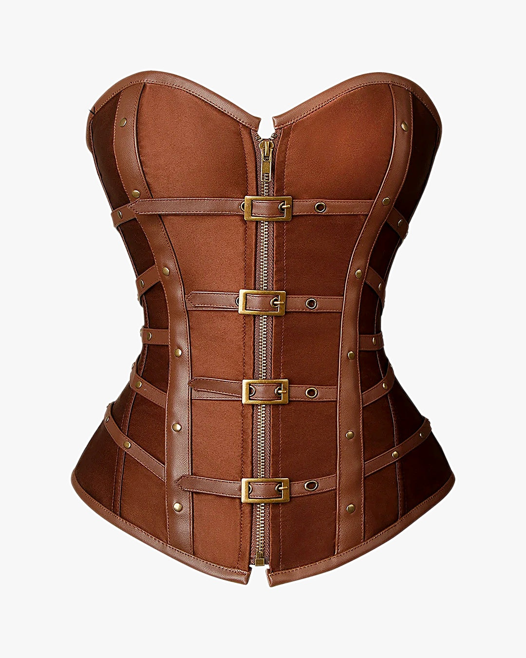 Corset steampunk marron sur fond studio gris clair