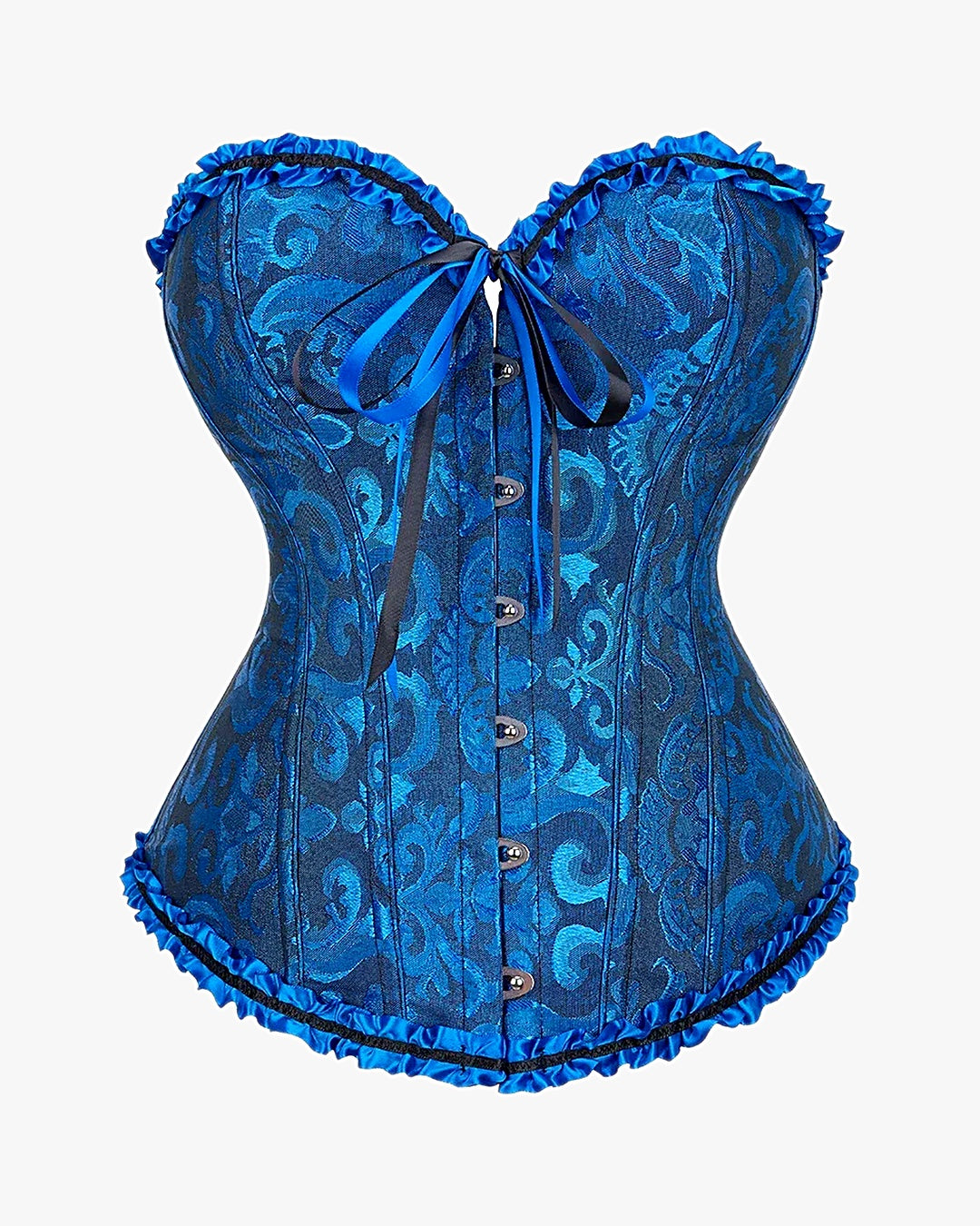 Corset victorien bleu sur fond studio gris clair