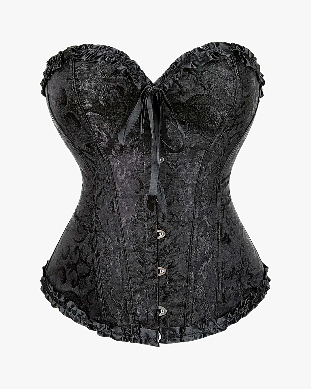 Corset victorien noir sur fond studio gris clair