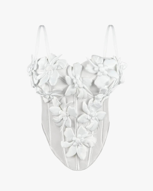 Haut corset fleuri sur fond studio gris clair, vue 2