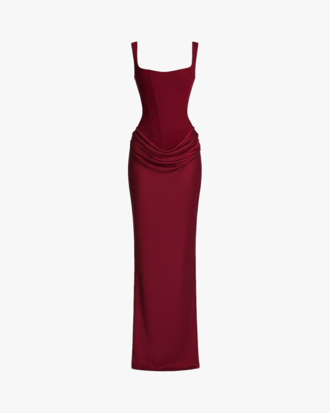 Robe corset de soirée longue sur fond studio gris clair