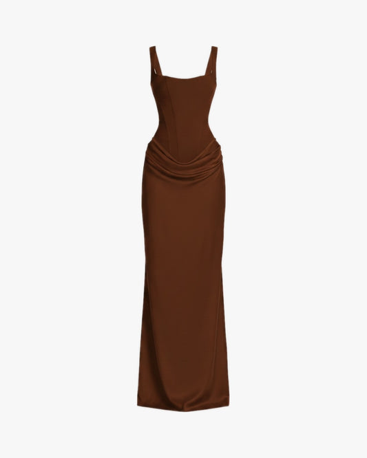 Robe corset de soirée longue sur fond studio gris clair, vue 3