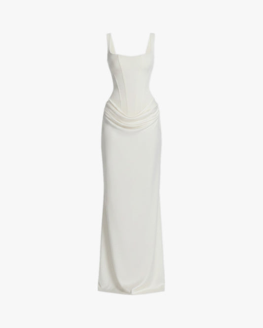 Robe corset de soirée longue sur fond studio gris clair, vue 4