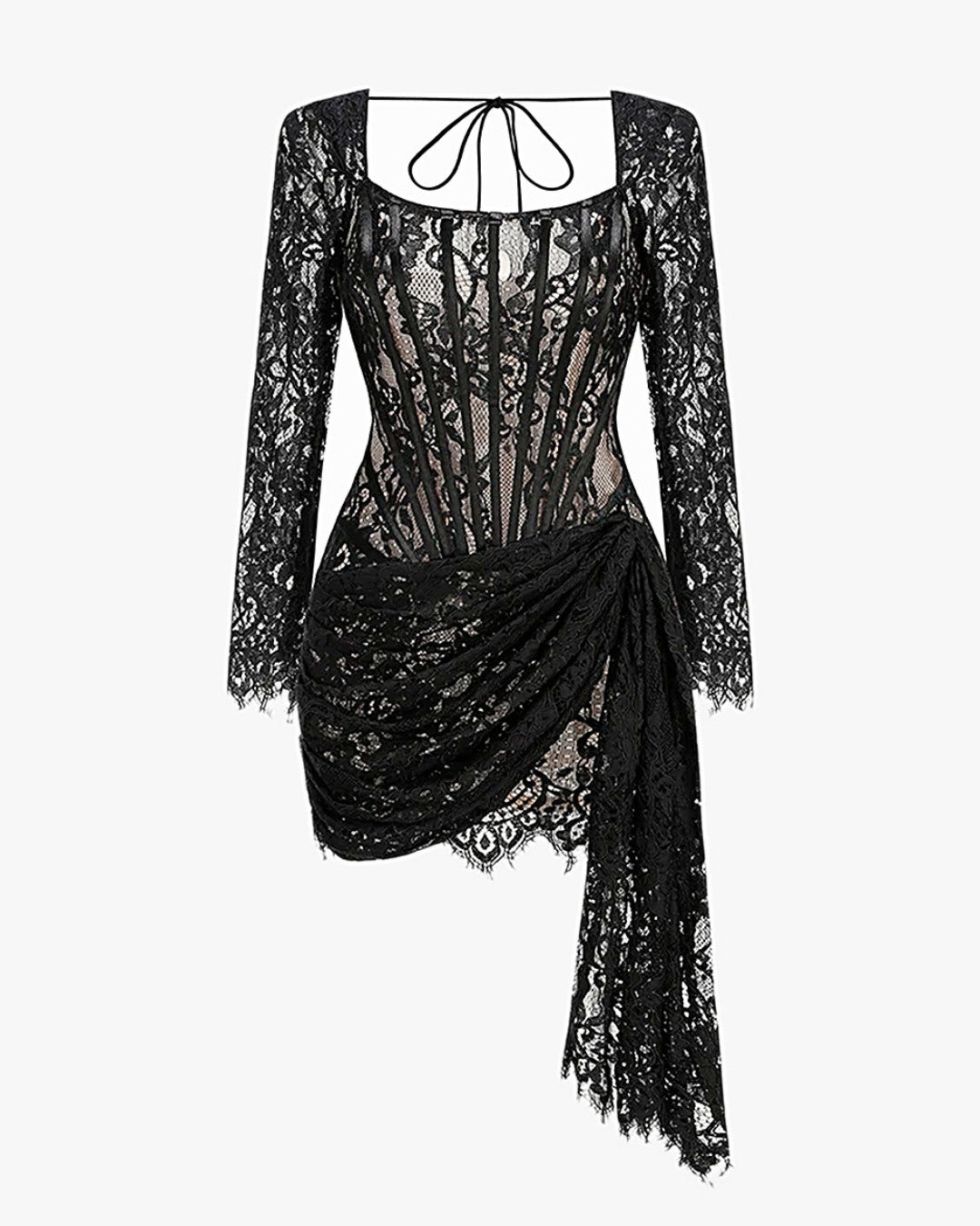 Robe corset dentelle sur fond studio gris clair