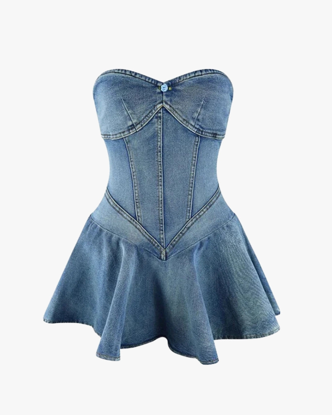 Robe corset jean sur fond studio gris clair