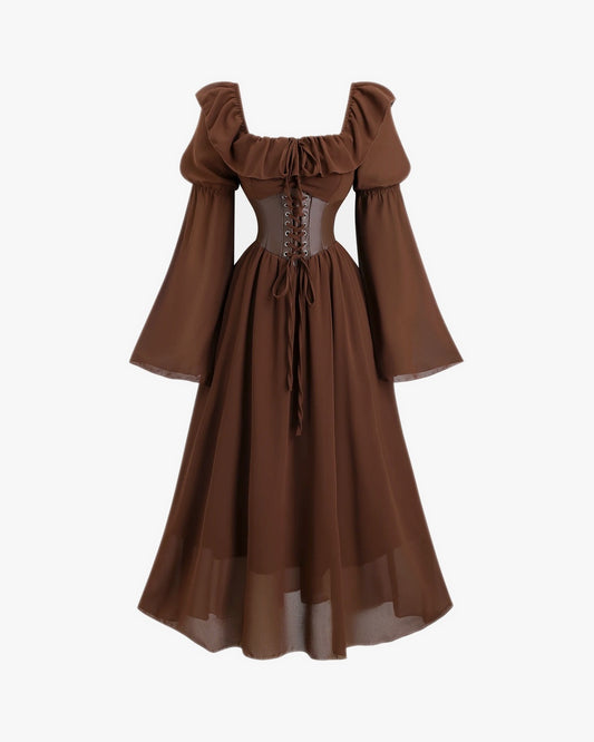 Robe corset manche longue sur fond studio gris clair