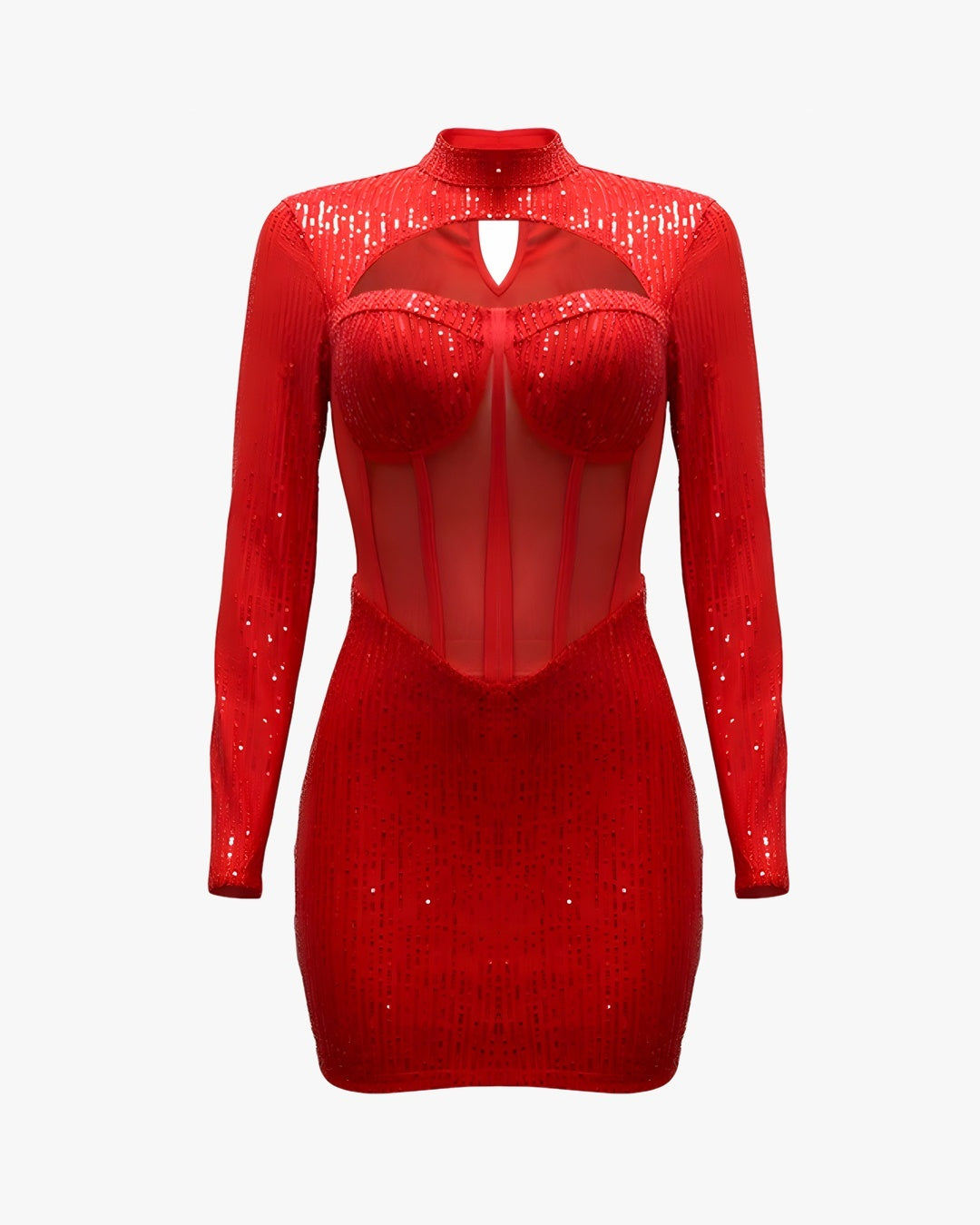 Robe corset rouge sur fond studio gris clair