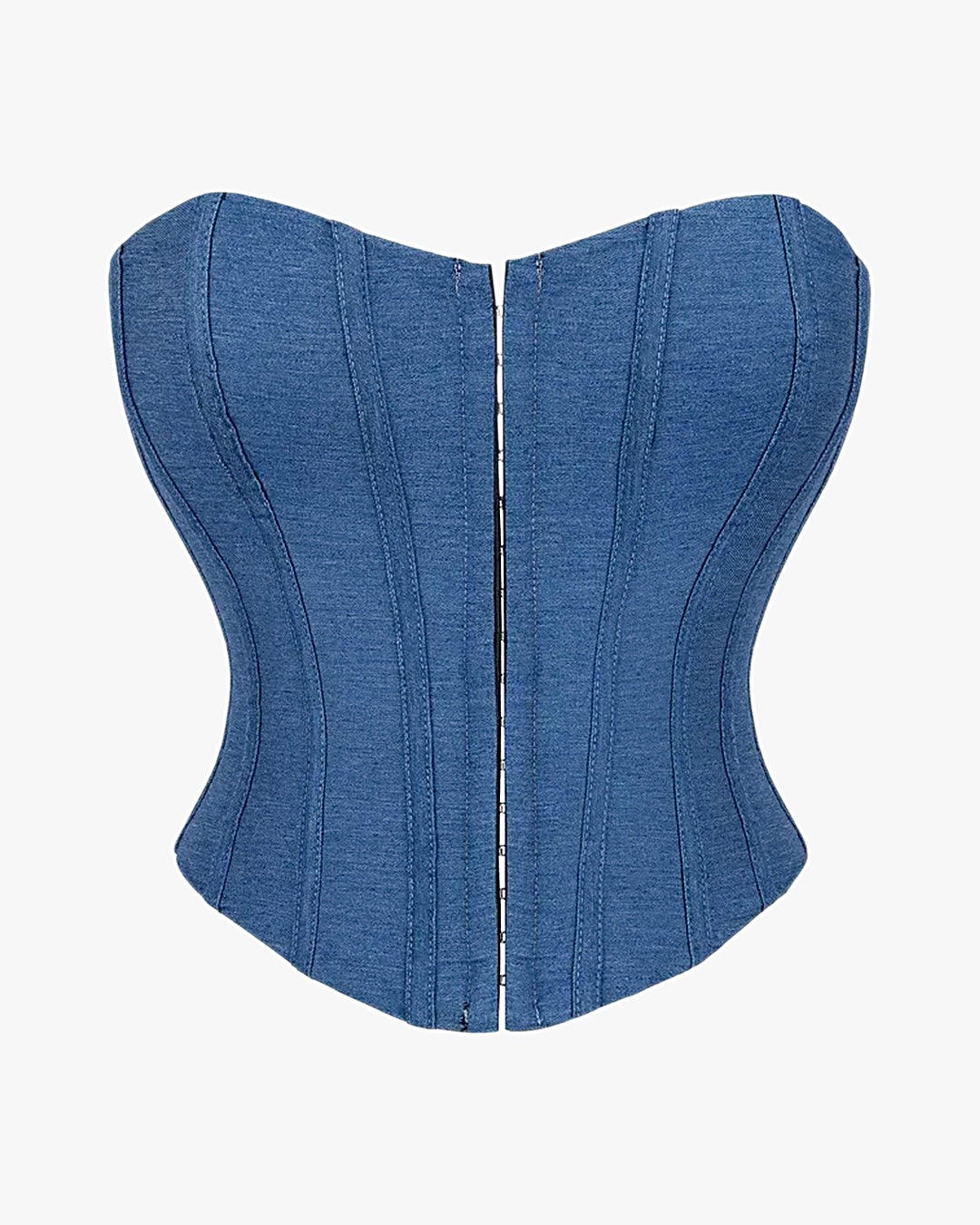Top corset jean sur fond studio gris clair